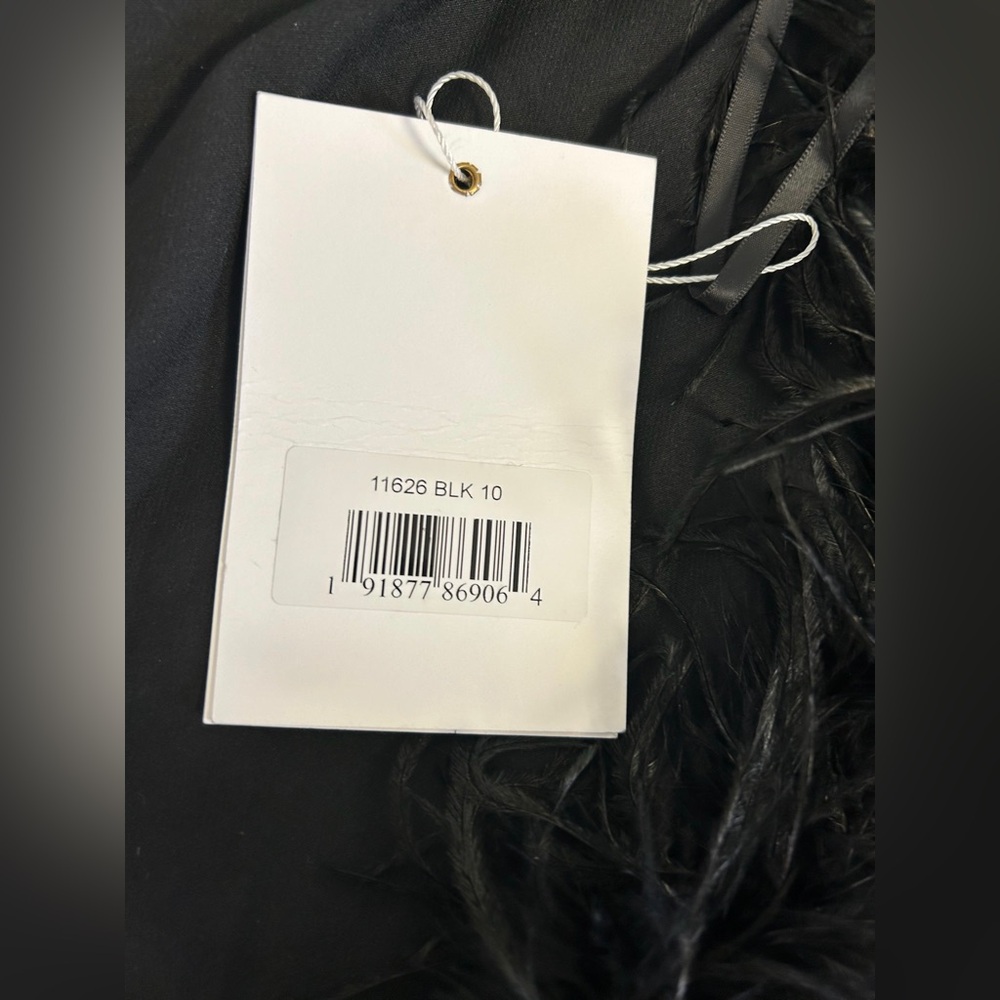 Mac Duggal 11626 Sleeveless Faux Wrap Dress With Feather Detail NWT Black - Picture 5 of 5
